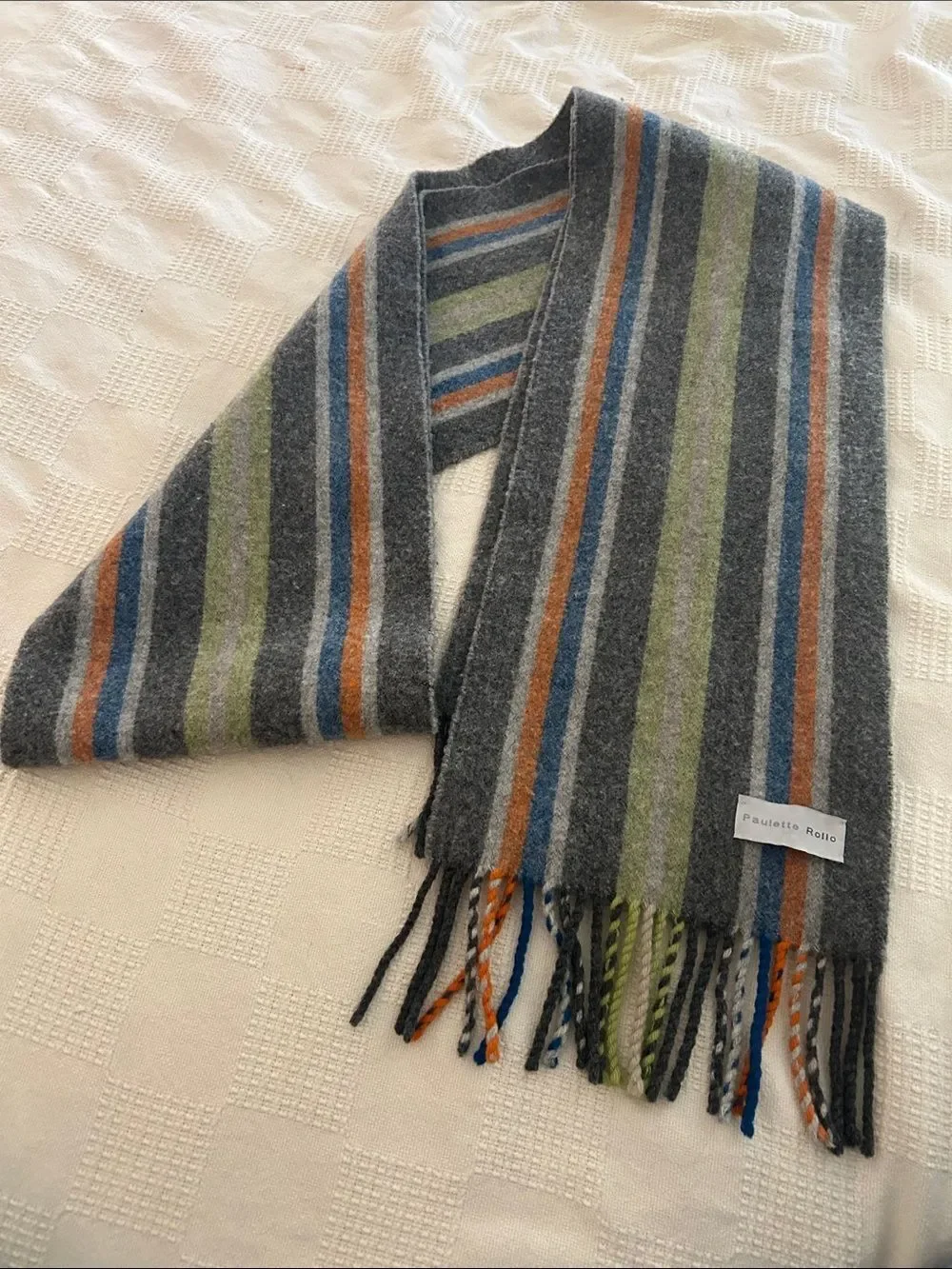 Paulette Rollo Striped long Wool muffler Scarf in Gray, Green & Blue